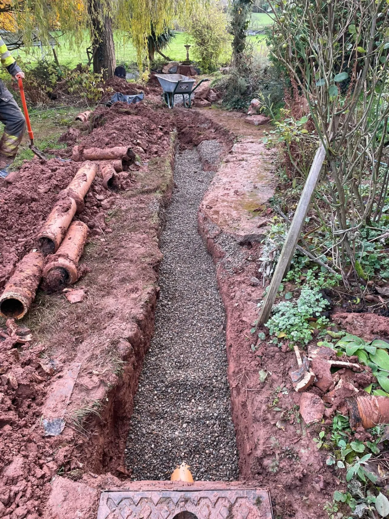Collapsed clay run → new path & drainage — before